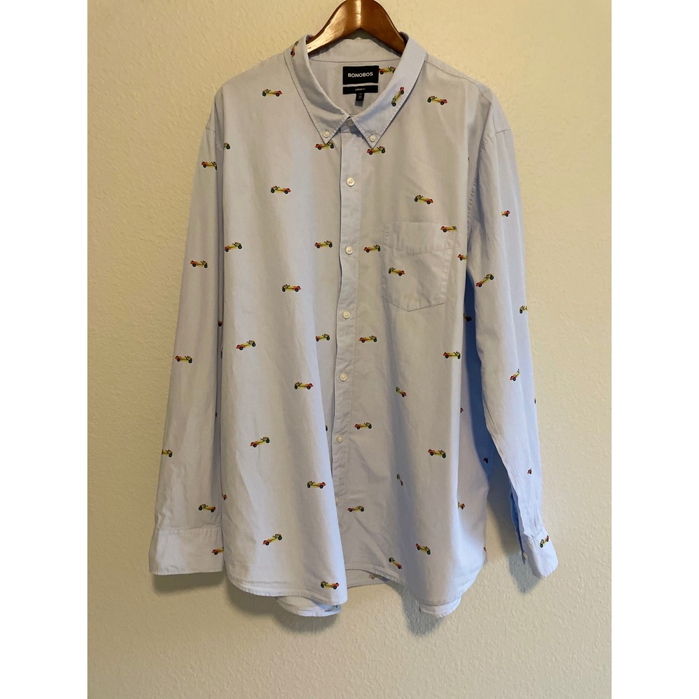 Bonobos Men's 3XL Long Button Down Shirt Light Blue Retro F1 Race Car Print